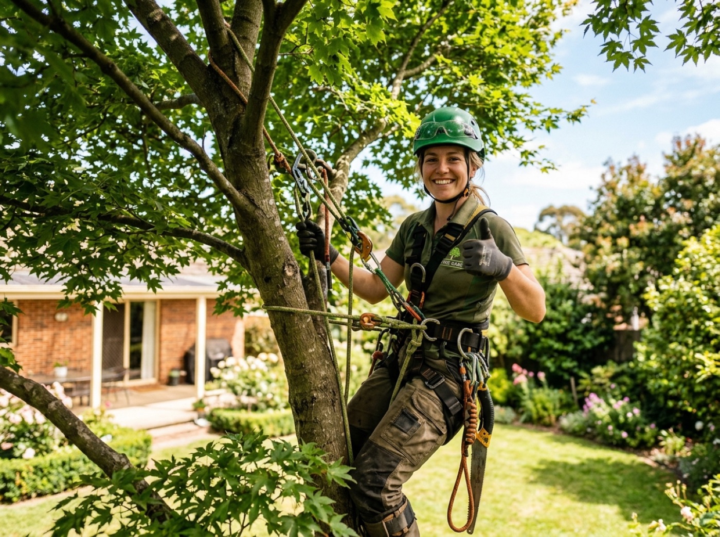 Smiling arborist giving a thumbs up from a maple tree