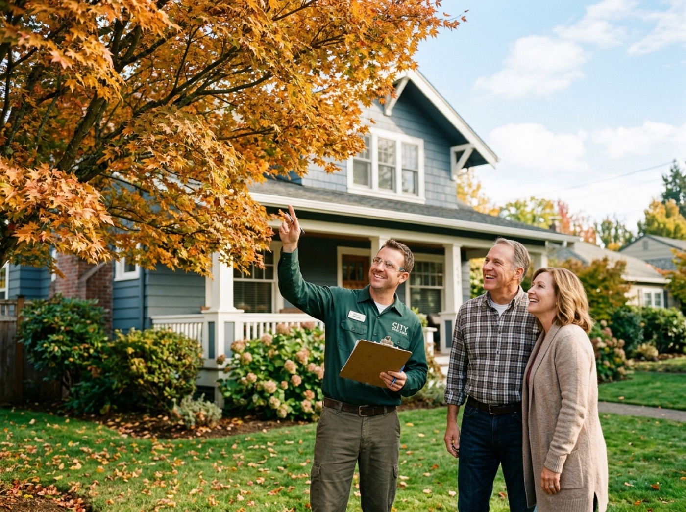 Estimator walking a homeowner couple through their tree options